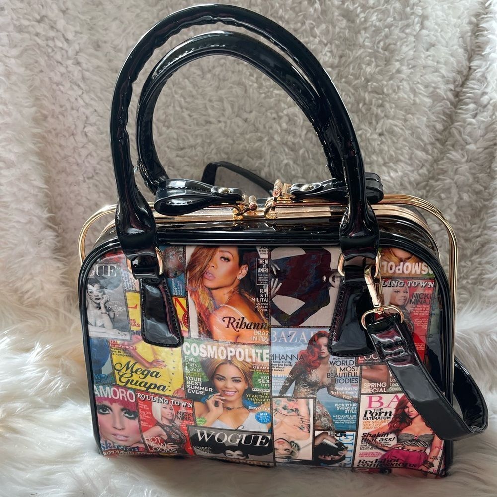 Magazines cover collage synthetic patent multi color satchel black trim & straps
